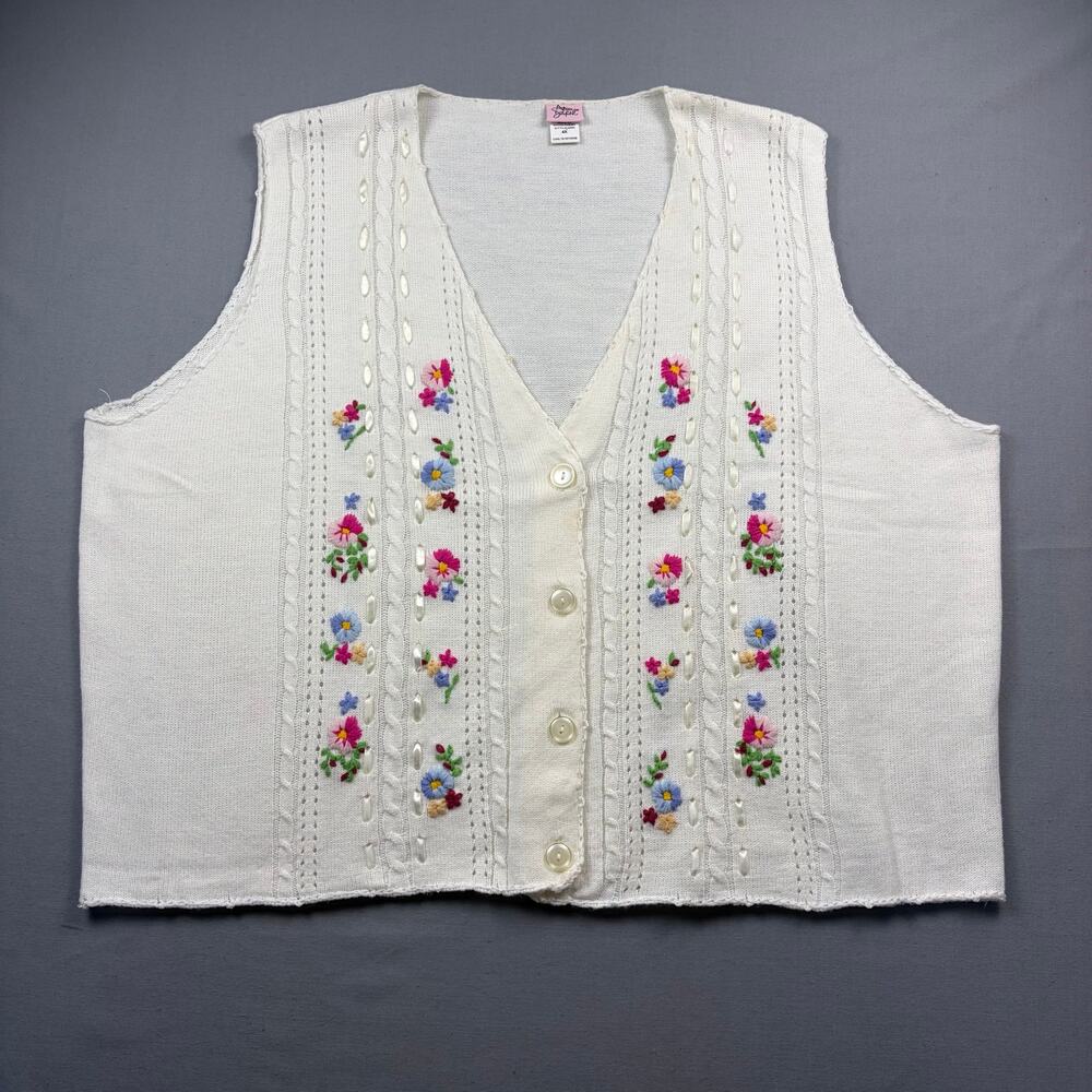 Vintage Cardigan Sweater Vest Embroidered Floral Dainty Coquette Cottage 4X